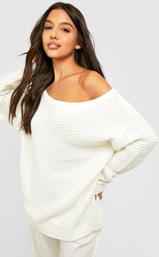 Ripple Stitch Slash Neck Sweater - White - S