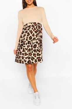 Leopard Contrast Sleeve Smock Dress - Beige - 4