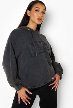 Nyc Slogan Washed Oversized Hoodie - Black - 8