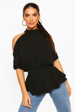 Crepe Cold Shoulder Peplum Top - Black - 2