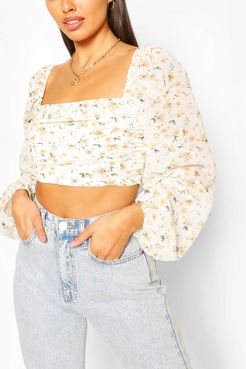 Woven Ditsy Ruched Crop Top - White - 2