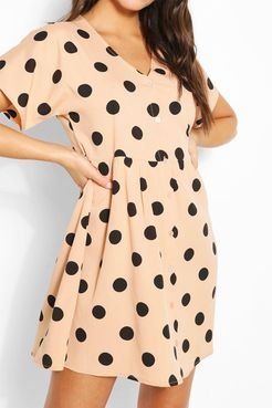 Large Scale Spot Button Through Smock Dress - Beige - 4