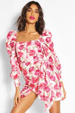 Floral Puff Sleeve Drape Wrap Dress - Pink - 2