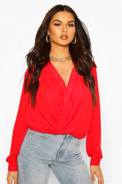 Woven Wrap Blouse - Red - 2