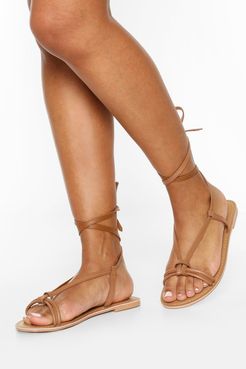 Leather Knot Detail Wrap Strap Sandals - Brown - 5