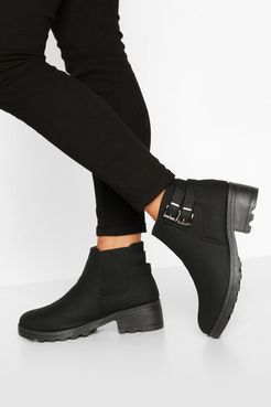 Wide Width Buckle Detail Block Heel Chelsea Boots - Black - 5