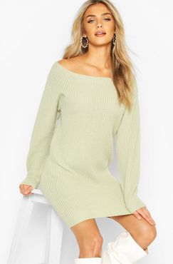 Slash Neck Fisherman Sweater Dress - Green - S