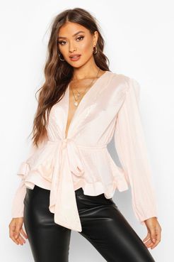 Woven Crinkle Tie Front Blouse - Pink - S