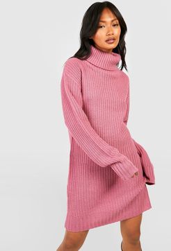 Turtleneck Fisherman Sweater Dress - Pink - S