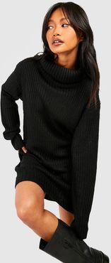 Turtleneck Fisherman Sweater Dress - Black - S