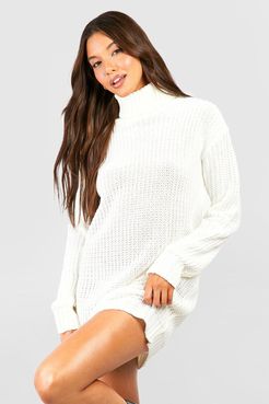 Turtleneck Fisherman Sweater Dress - White - S