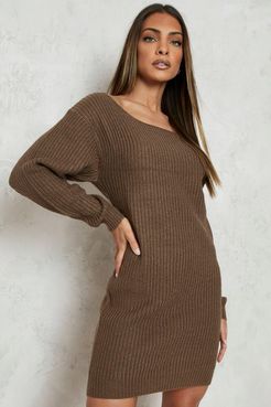 Slash Neck Fisherman Sweater Dress - Beige - S