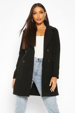 Double Breasted Collared Wool Look Coat - Black - 4