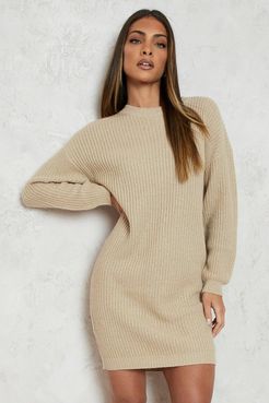 Crew Neck Sweater Dress - Beige - Xl