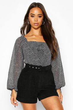 Woven Ditsy Print Volume Sleeve Crop Top - Black - 2