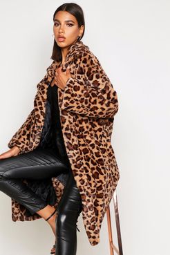 Oversized Leopard Faux Fur Coat - Brown - 4