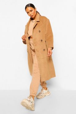 Brushed Double Breasted Wool Look Coat - Beige - 4