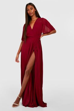 Chiffon Angel Sleeve Wrap Maxi Bridesmaid Dress - Red - 10