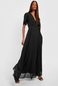 Chiffon Angel Sleeve Wrap Maxi Bridesmaid Dress - Black - 6