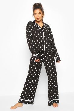 Polka Dot Button Through Pajama Pants Set - Black - 4