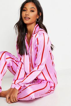 Skinny Stripe Satin Pj Pants Set - Pink - 2