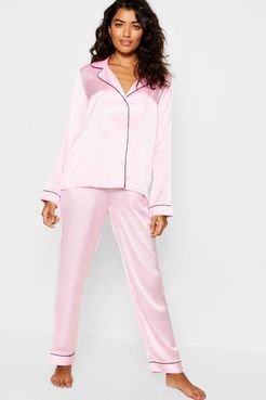 Contrast Piping Button Down Satin Set - Pink - 2