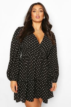 Plus Polka Dot Wrap Balloon Smock Dress - Black - 22