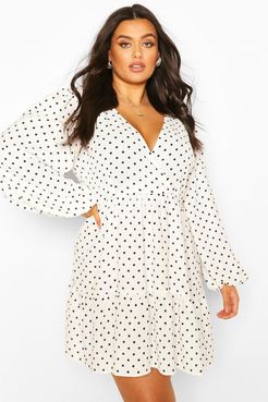 Plus Polka Dot Wrap Balloon Smock Dress - White - 12