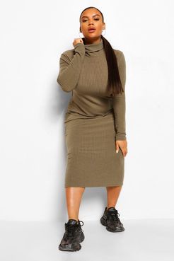 Plus Soft Rib Turtleneck Midi Dress - Green - 12