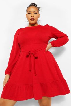 Plus Ruffle Belted Skater Dress - Red - 12