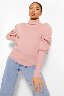 Petite Puff Sleeve Turtleneck Sweater - Pink - L