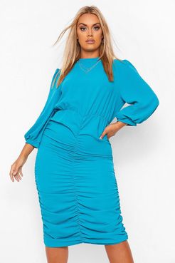 Plus High Neck Ruched Midi Dress - Green - 24