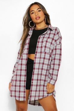 Petite Oversized Frayed Flannel Shirt - Red - 0