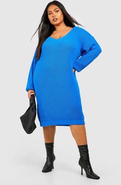 Plus V Neck Sweater Mini Dress - Blue - 18