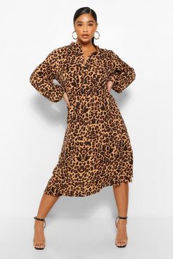 Plus Leopard Print Belted Midi Dress - Brown - 18