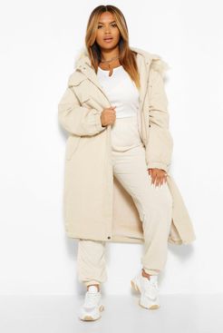 Plus Longline Faux Fur Trim Parka - Beige - 12