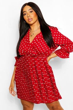 Plus Polka Dot Pleated Skater Dress - Red - 12