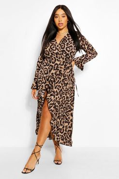 Plus Leopard Ruffle Wrap Midi Dress - Brown - 12