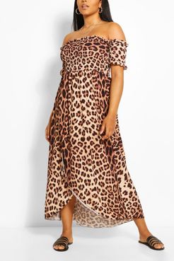 Plus Leopard Print Off Shoulder Maxi Dress - Brown - 12