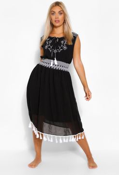 Plus Embroidered Tassel Beach Dress - Black - 12
