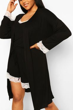 Plus Lace Trim Jersey Bathrobe/Robe - Black - 20