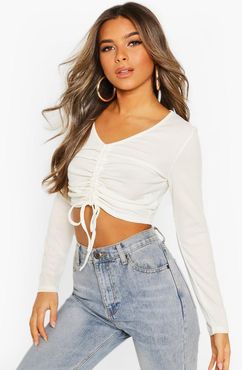 Petite Ruched Front Rib Top - Cream - 0