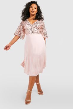 Plus Occasion Sequin Angel Sleeve Midi Dress - Pink - 18