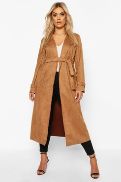 Plus Soft Faux Suede Trench Coat - Beige - 18