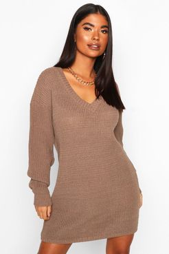 Petite Rib V-Neck Sweater Dress - Beige - S
