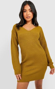 Petite V-Neck Sweater Mini Dress - Green - S