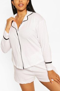 Plus Long Sleeve Button Jersey T-Shirt Pj Set - White - 12