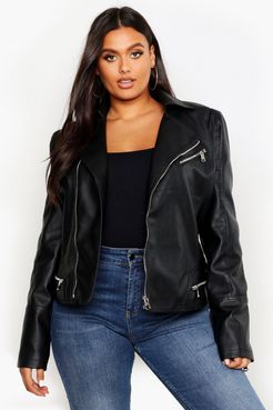 Plus Faux Leather Zip Detail Moto Jacket - Black - 12