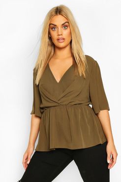 Plus Angel Sleeve Peplum Blouse - Green - 12