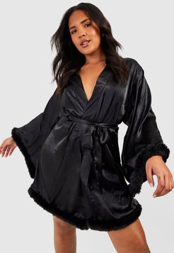 Gemma Collins Short Kimono Robe With Fluffy Sleeve - Black - 4
